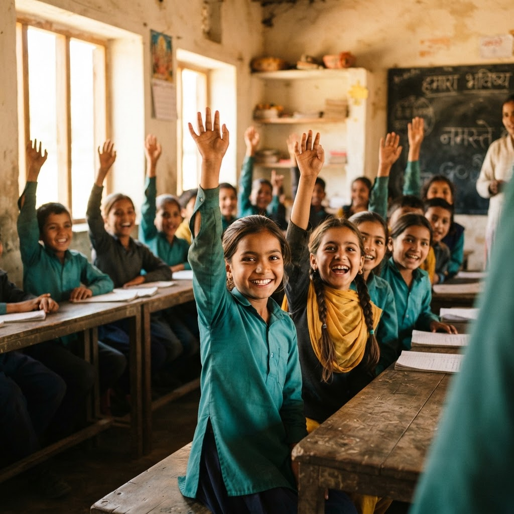 Rural Indian schoolchildren smiling in a bright classroom